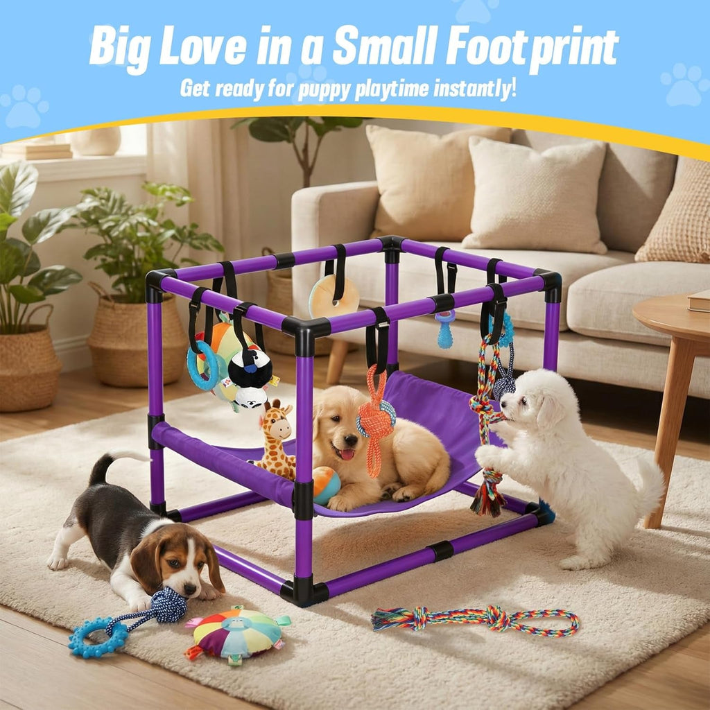 Indoor Puppy Play Gym with Hammock 8 Toys