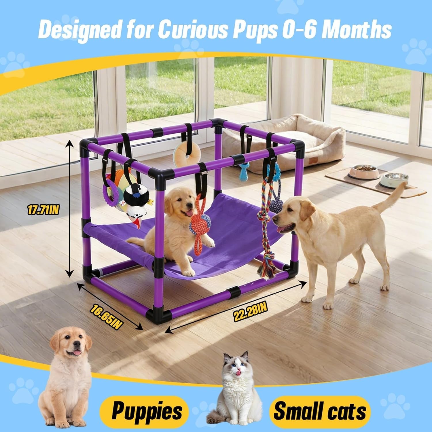 Indoor Puppy Play Gym with Hammock 8 Toys